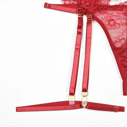 Women Sexy Lace See Through Erotic Set Elegant Mesh Thin Lingerie Set Harness Bra Garter Belt Thong Wedding Nightwear