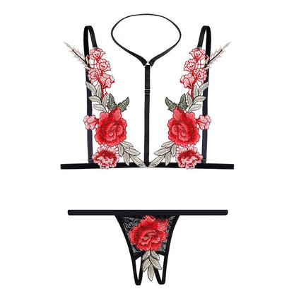 Scarlet Bloom Embroidered Lingerie Set