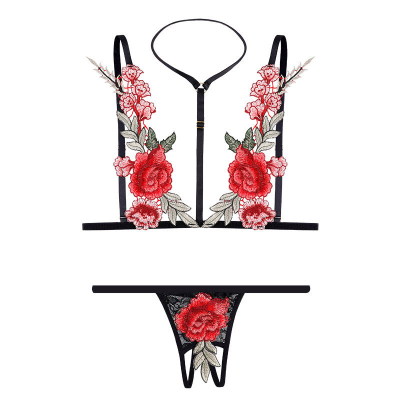 Scarlet Bloom Embroidered Lingerie Set