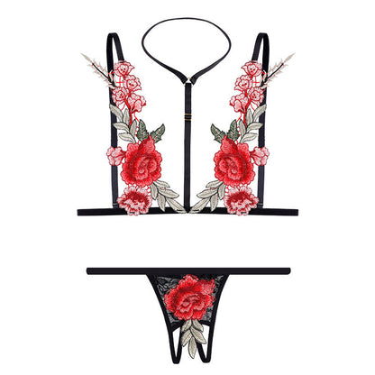Scarlet Bloom Embroidered Lingerie Set