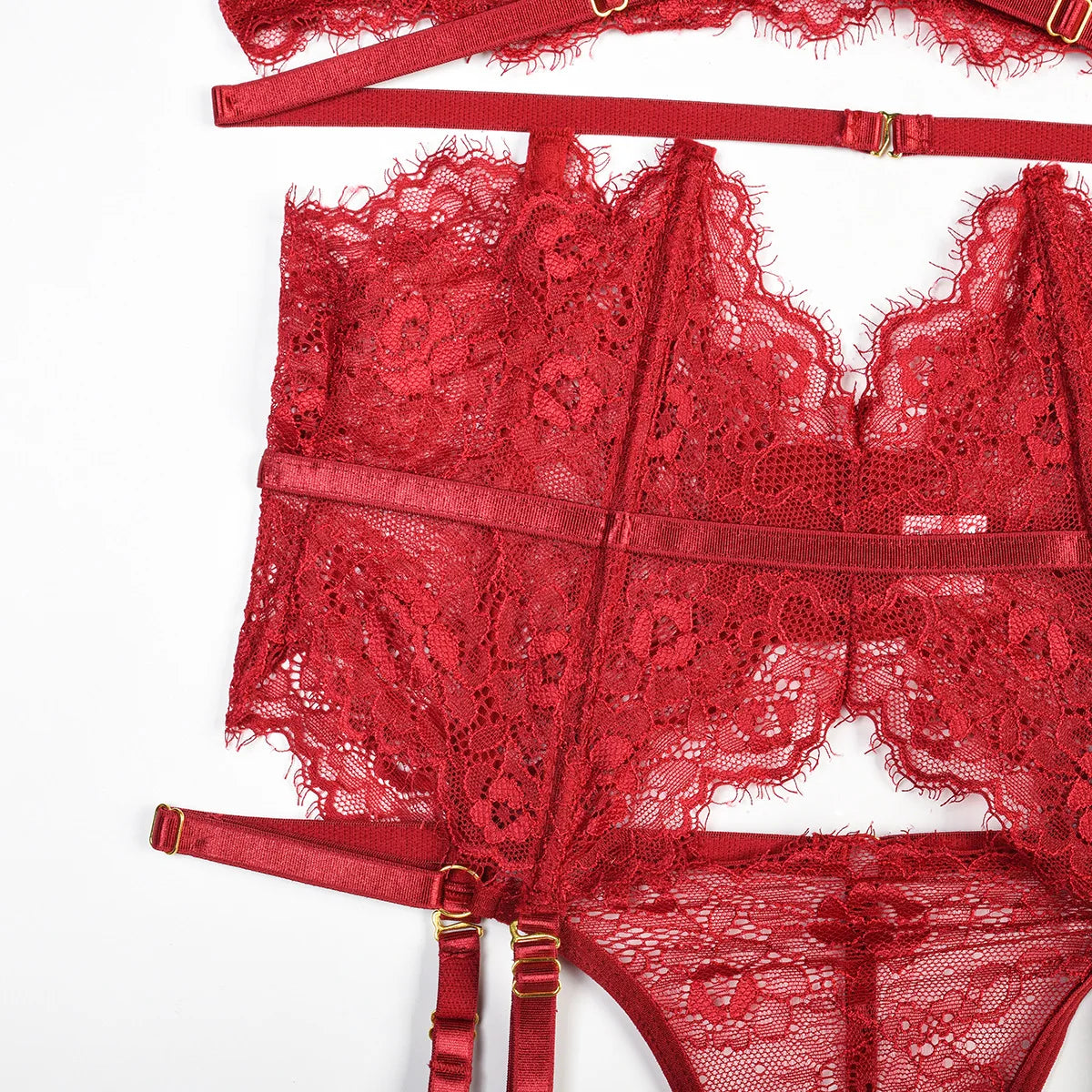 Women Sexy Lace See Through Erotic Set Elegant Mesh Thin Lingerie Set Harness Bra Garter Belt Thong Wedding Nightwear
