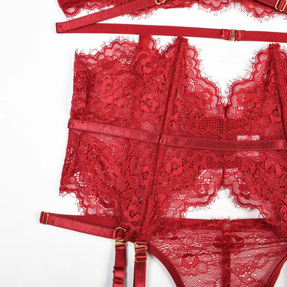 Women Sexy Lace See Through Erotic Set Elegant Mesh Thin Lingerie Set Harness Bra Garter Belt Thong Wedding Nightwear