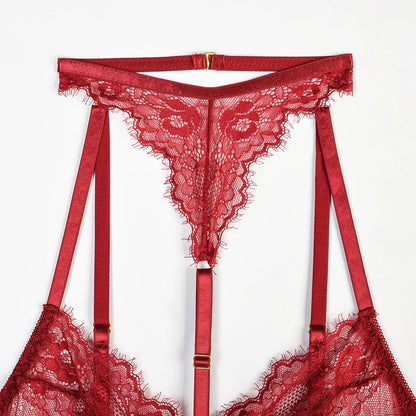 Women Sexy Lace See Through Erotic Set Elegant Mesh Thin Lingerie Set Harness Bra Garter Belt Thong Wedding Nightwear