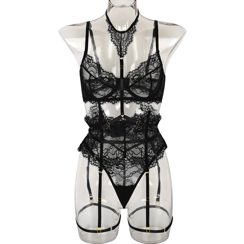 Women Sexy Lace See Through Erotic Set Elegant Mesh Thin Lingerie Set Harness Bra Garter Belt Thong Wedding Nightwear