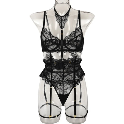 Women Sexy Lace See Through Erotic Set Elegant Mesh Thin Lingerie Set Harness Bra Garter Belt Thong Wedding Nightwear