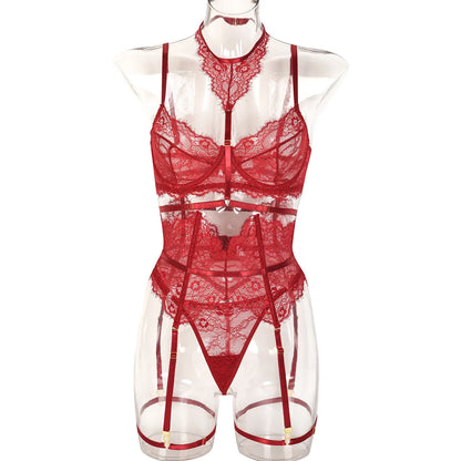 Women Sexy Lace See Through Erotic Set Elegant Mesh Thin Lingerie Set Harness Bra Garter Belt Thong Wedding Nightwear