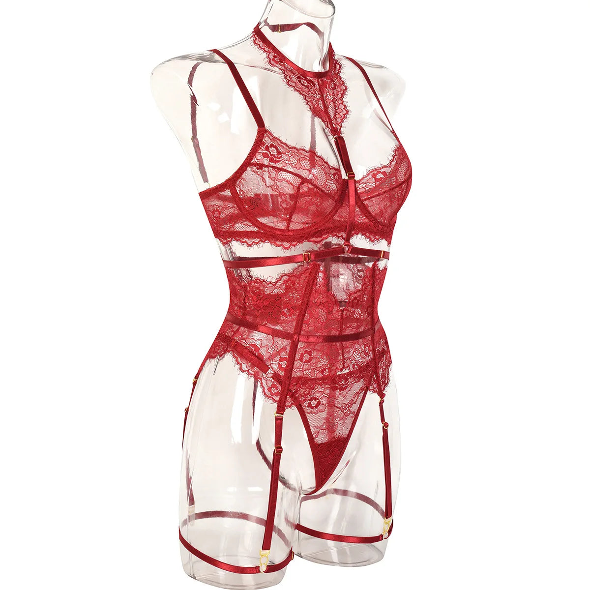 Women Sexy Lace See Through Erotic Set Elegant Mesh Thin Lingerie Set Harness Bra Garter Belt Thong Wedding Nightwear