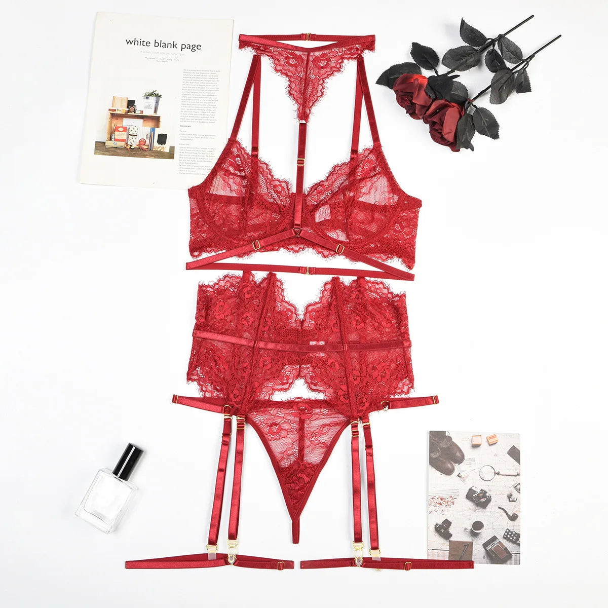Women Sexy Lace See Through Erotic Set Elegant Mesh Thin Lingerie Set Harness Bra Garter Belt Thong Wedding Nightwear
