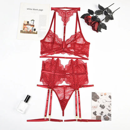 Women Sexy Lace See Through Erotic Set Elegant Mesh Thin Lingerie Set Harness Bra Garter Belt Thong Wedding Nightwear