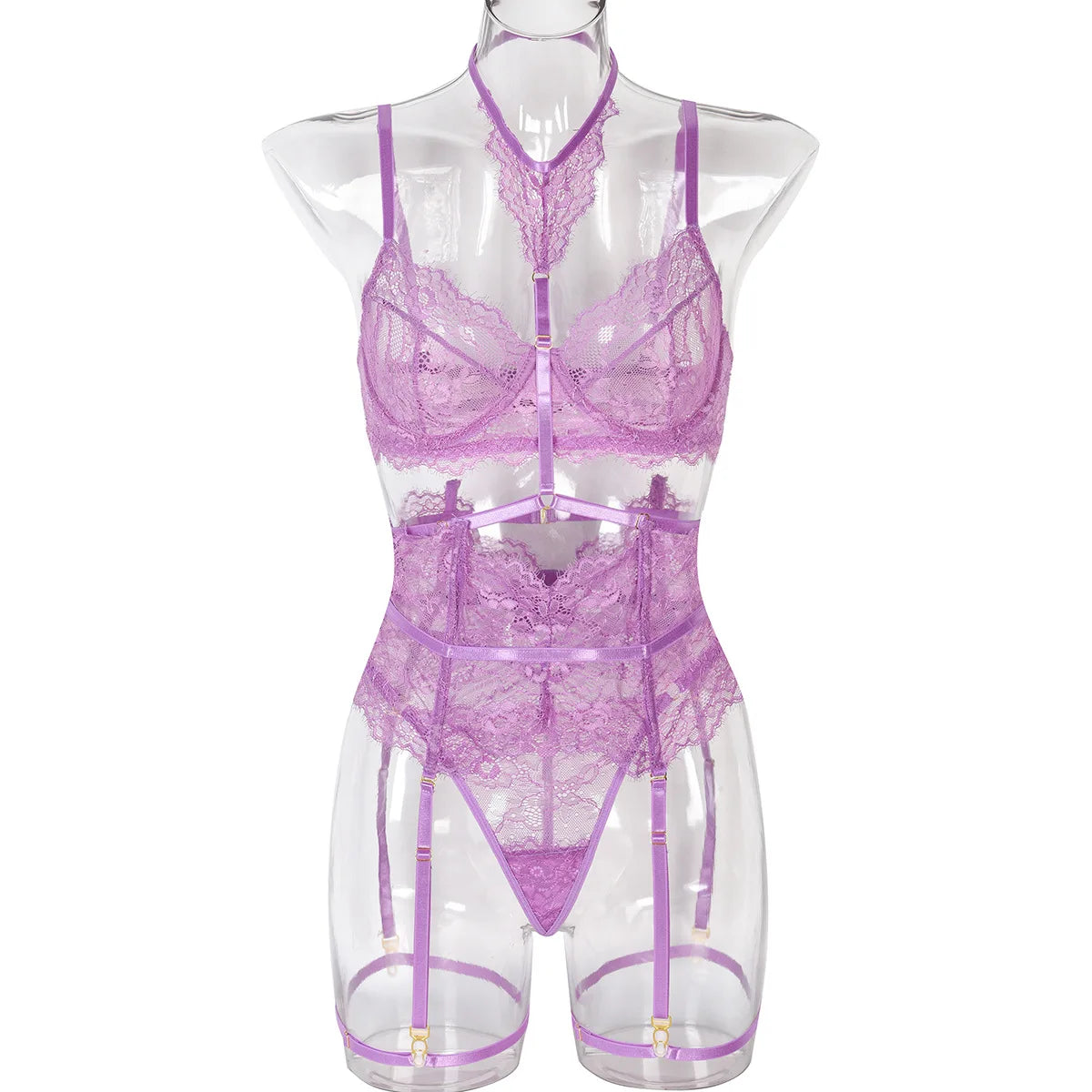Women Sexy Lace See Through Erotic Set Elegant Mesh Thin Lingerie Set Harness Bra Garter Belt Thong Wedding Nightwear