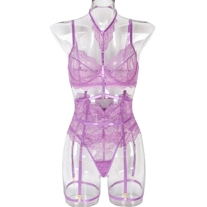 Women Sexy Lace See Through Erotic Set Elegant Mesh Thin Lingerie Set Harness Bra Garter Belt Thong Wedding Nightwear