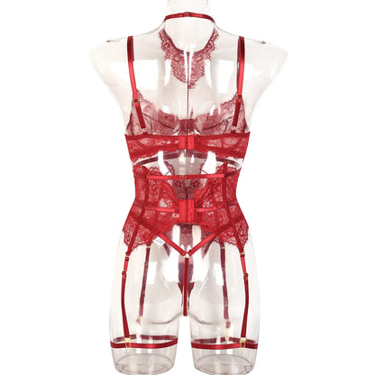Women Sexy Lace See Through Erotic Set Elegant Mesh Thin Lingerie Set Harness Bra Garter Belt Thong Wedding Nightwear