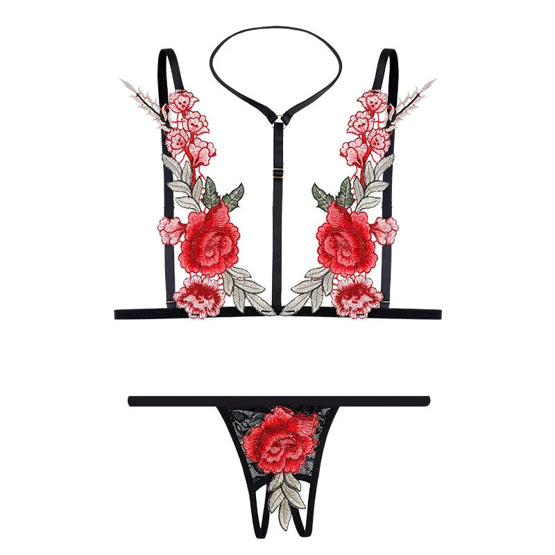 Scarlet Bloom Embroidered Lingerie Set