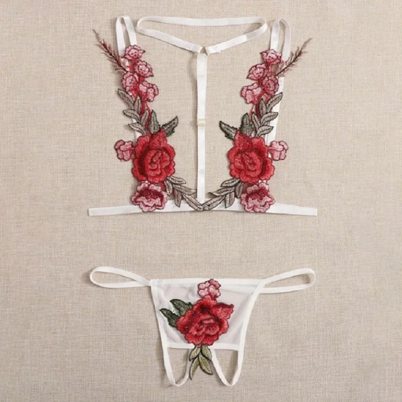 Scarlet Bloom Embroidered Lingerie Set