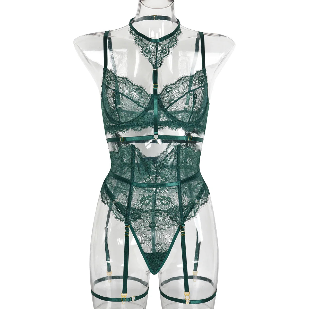 Women Sexy Lace See Through Erotic Set Elegant Mesh Thin Lingerie Set Harness Bra Garter Belt Thong Wedding Nightwear