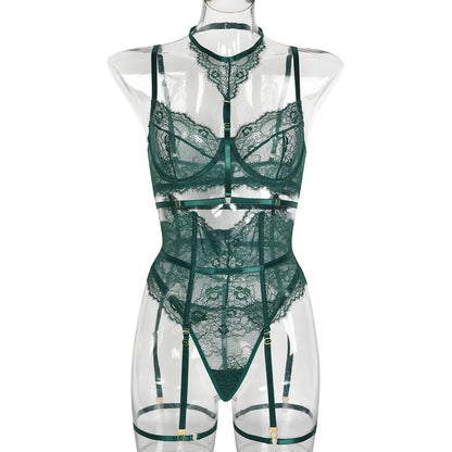 Women Sexy Lace See Through Erotic Set Elegant Mesh Thin Lingerie Set Harness Bra Garter Belt Thong Wedding Nightwear