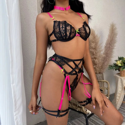 Fuchsia Rebellion Lace Harness Set
