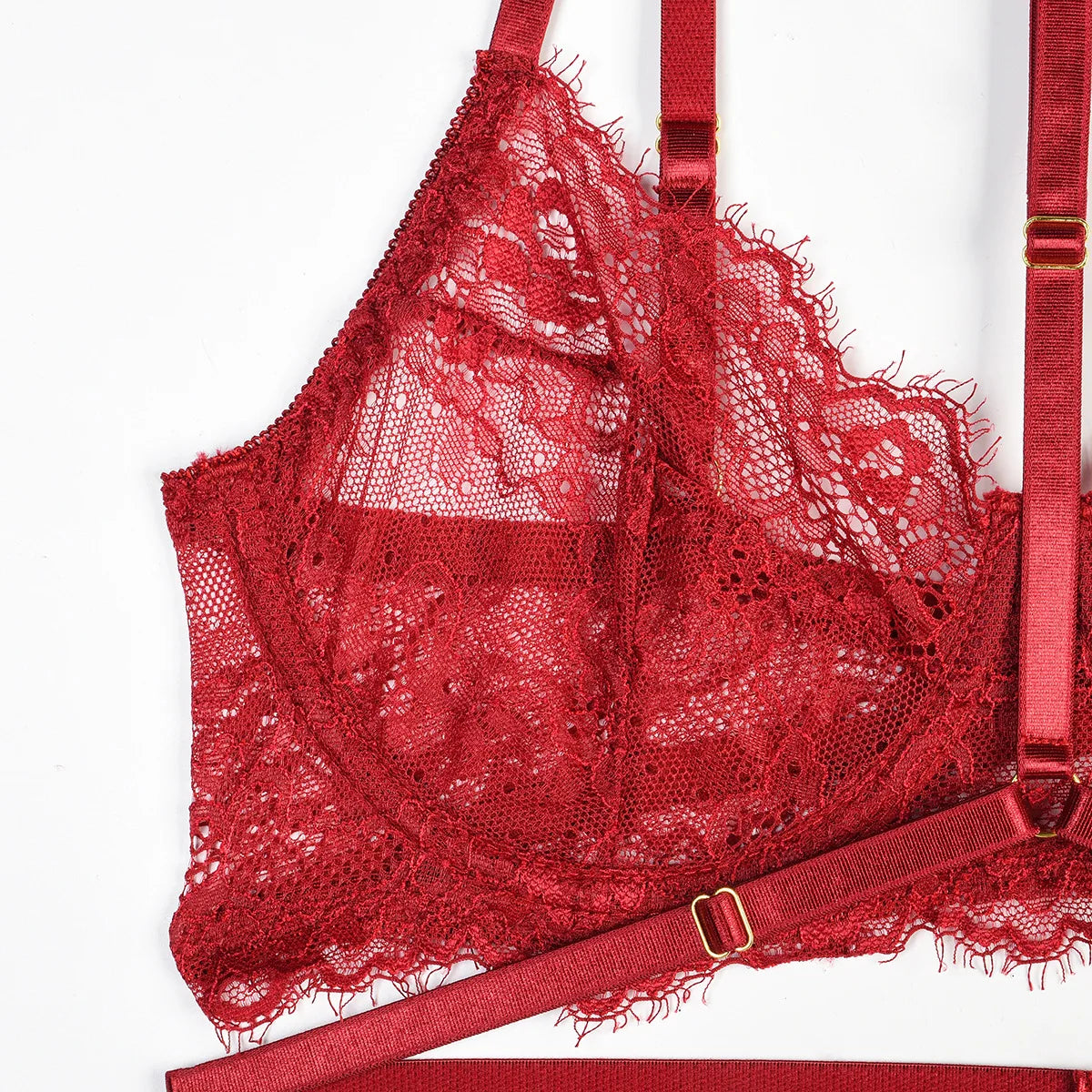 Women Sexy Lace See Through Erotic Set Elegant Mesh Thin Lingerie Set Harness Bra Garter Belt Thong Wedding Nightwear