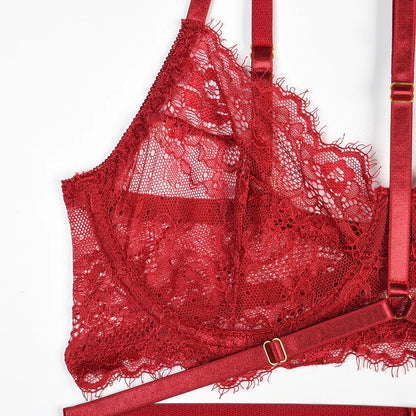 Women Sexy Lace See Through Erotic Set Elegant Mesh Thin Lingerie Set Harness Bra Garter Belt Thong Wedding Nightwear