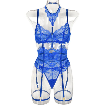 Women Sexy Lace See Through Erotic Set Elegant Mesh Thin Lingerie Set Harness Bra Garter Belt Thong Wedding Nightwear
