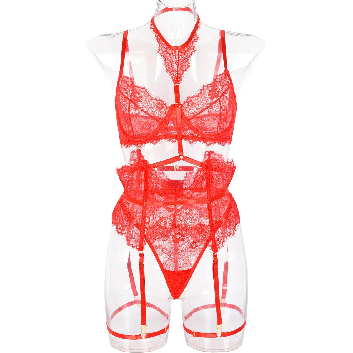 Women Sexy Lace See Through Erotic Set Elegant Mesh Thin Lingerie Set Harness Bra Garter Belt Thong Wedding Nightwear