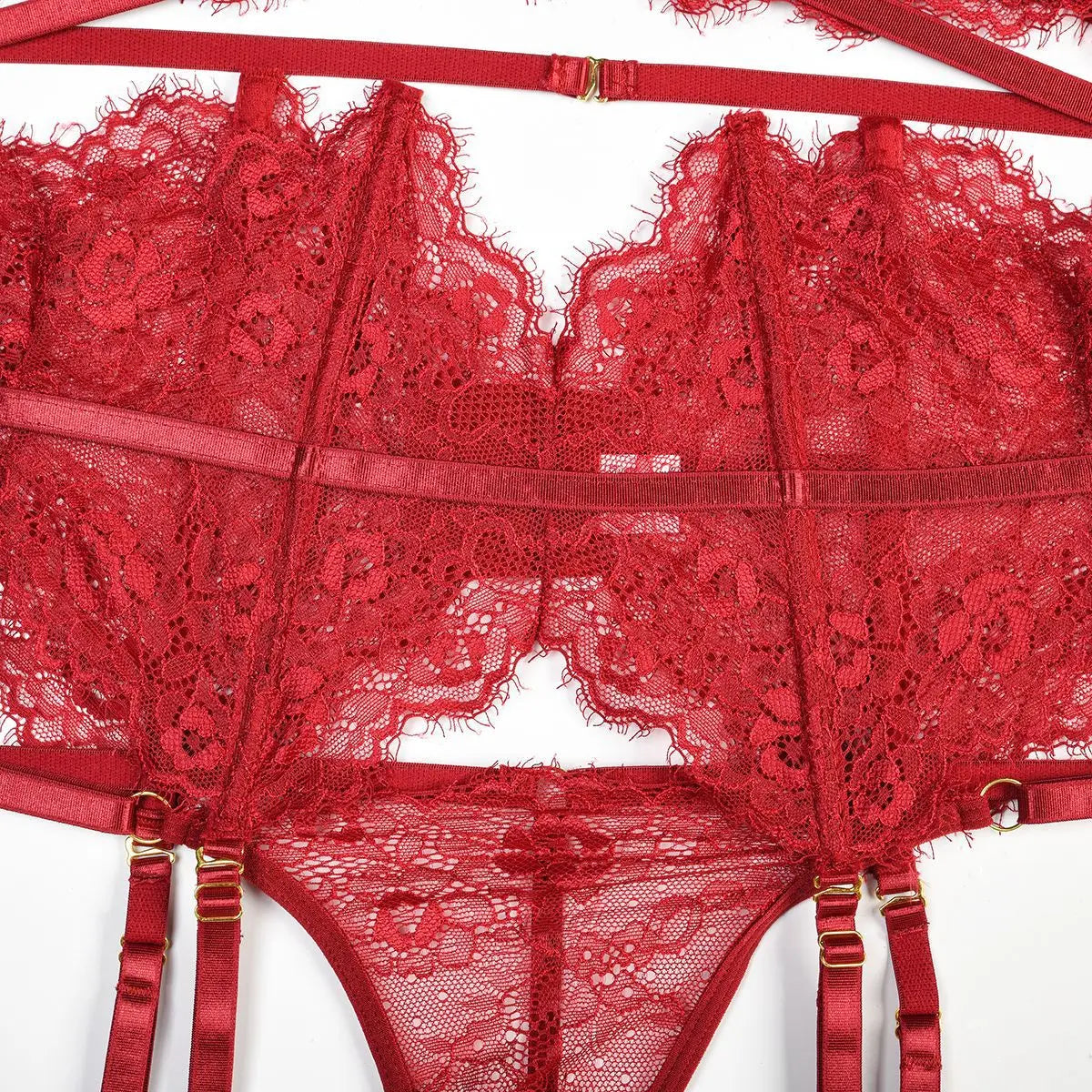 Women Sexy Lace See Through Erotic Set Elegant Mesh Thin Lingerie Set Harness Bra Garter Belt Thong Wedding Nightwear