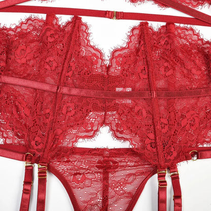 Women Sexy Lace See Through Erotic Set Elegant Mesh Thin Lingerie Set Harness Bra Garter Belt Thong Wedding Nightwear
